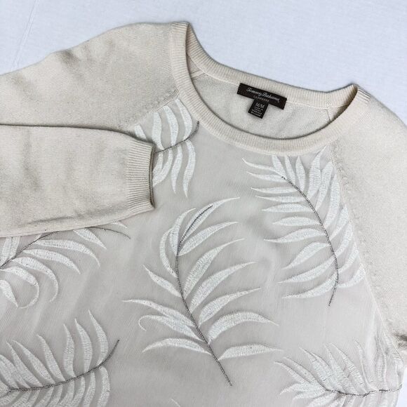 Tommy Bahama Womens Cashmere Sweater Medium Silk Front Cream Fronds Falling Palm - Picture 8 of 9